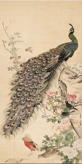 真作/龍洲/孔雀に牡丹図/クジャクにボタン図/花鳥図/掛軸☆宝船☆AH-610 真作/龍洲/孔雀に牡丹図/クジャクにボタン図/花鳥図/掛軸☆